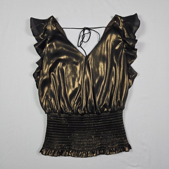 Nine West Womens‎ XS Metallic Black Ruffle Top Smocked Waist Y2K Disco Night Out - Picture 5 of 10